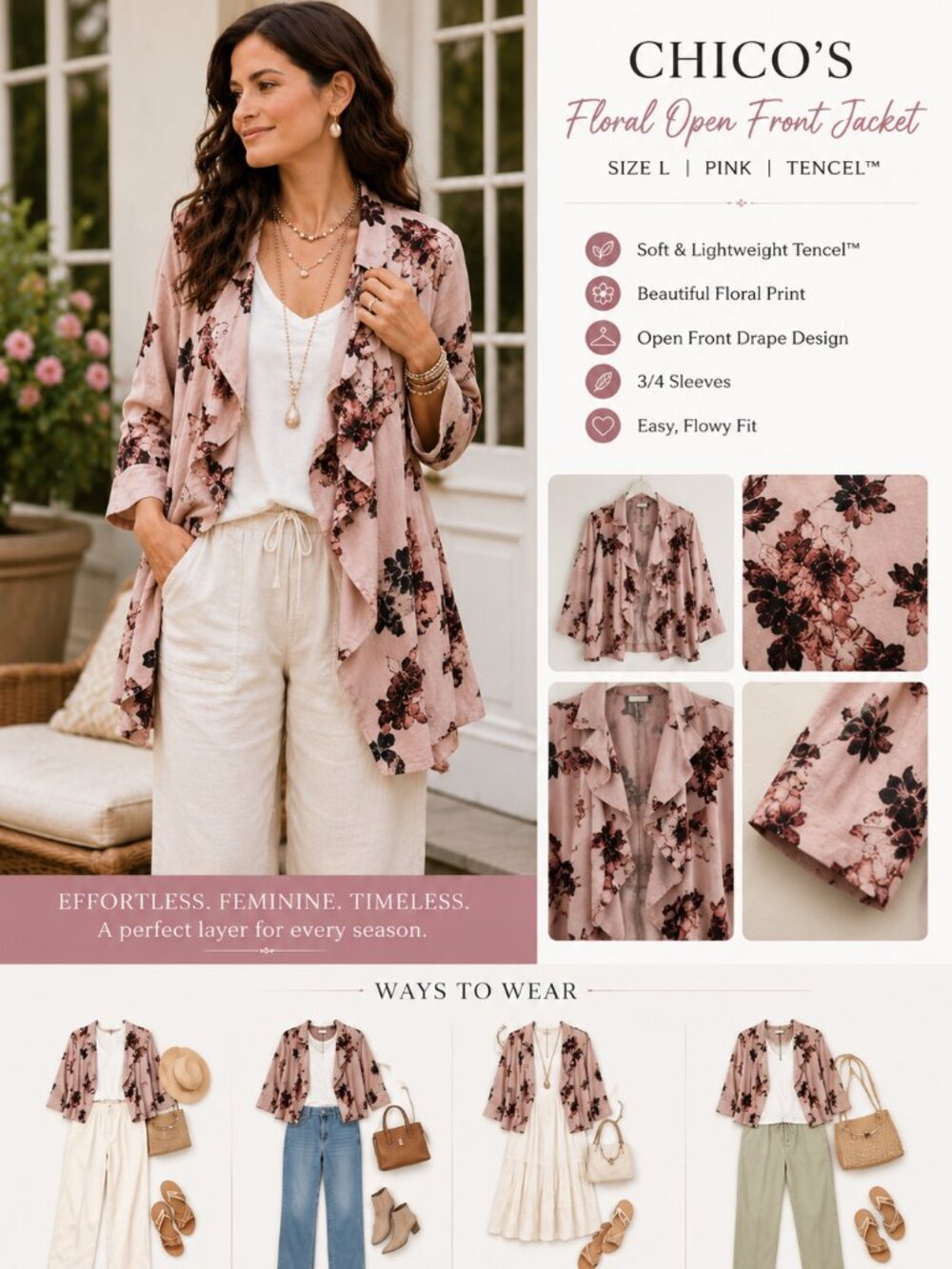Chico's Floral Kimono Jacket Large Pink Tencel Lightweight Boho Duster Cardigan